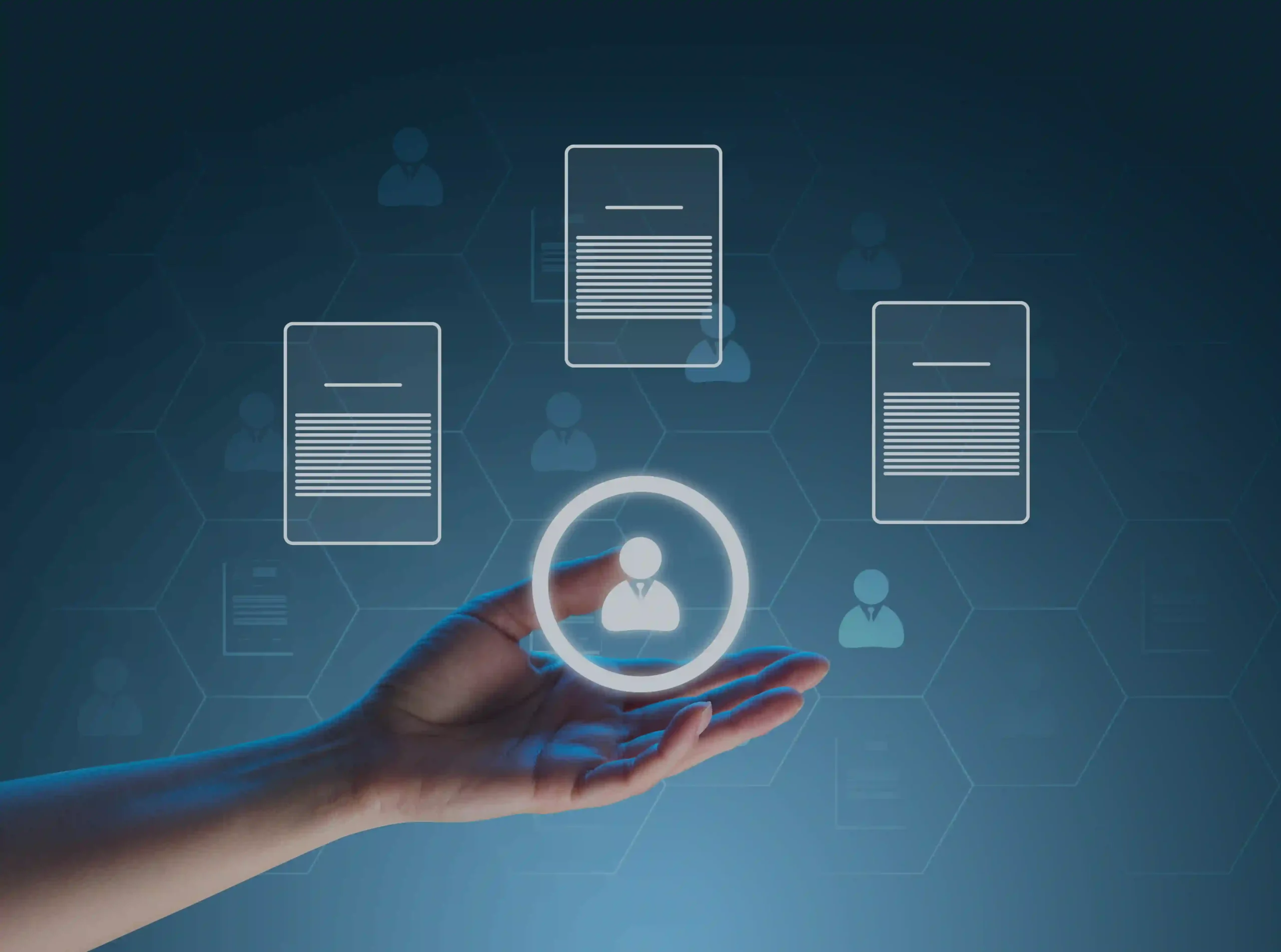 Illustration of a document icons and a people icon hovering above a hand.