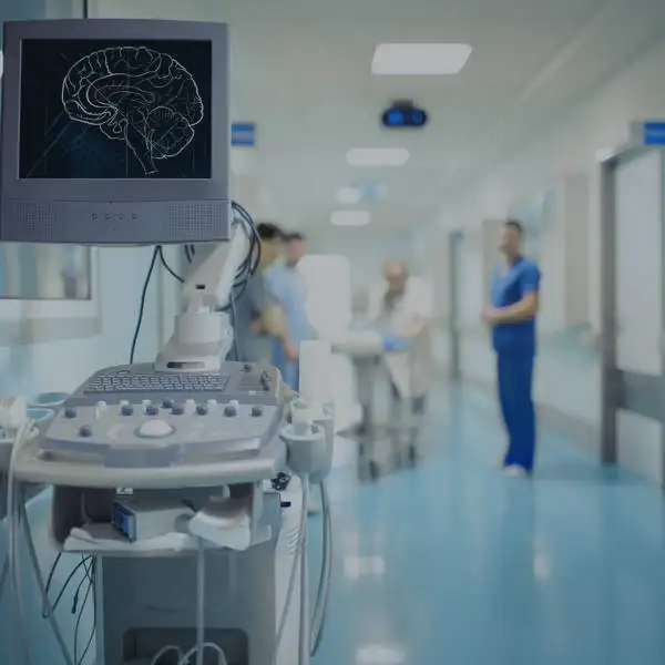 Medical monitor, with a hospital scene in the background.